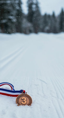 A close-up view of a bronze number three medal nestled in soft white snow, featuring subtle falling snowflakes and a serene, blurred evergreen background.の素材