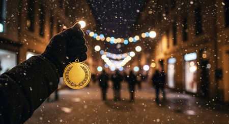 A person's gloved hand holds a shiny gold medal, featuring a classic laurel wreath, against a blurred backdrop of a bustling urban street adorned with colorful string lights and falling winter snow.の素材