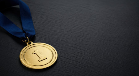 The first-place award, a gleaming gold medal, is prominently displayed with a deep blue ribbon against a dark, rough-textured surface, highlighting achievement.の素材