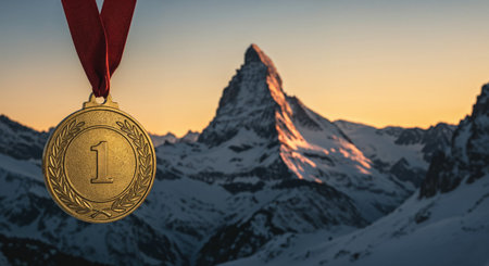 This inspiring scene features a prestigious gold medal, marked with the number one, sharply contrasted against towering snow-covered mountains bathed in the soft, golden glow of dusk.の素材