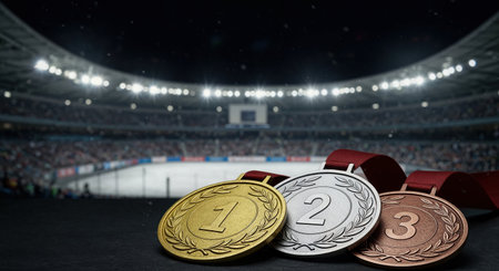 Three shiny award medals, representing first, second, and third place, rest on a dark surface with an illuminated, bustling arena in the background under a dark evening sky.の素材
