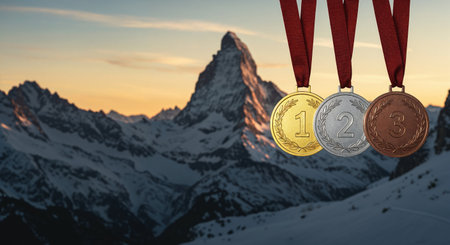 Three shiny gold, silver, and bronze championship medals are prominently displayed against a stunning backdrop of a vast, rugged, snow-covered alpine landscape during a colorful evening.の素材