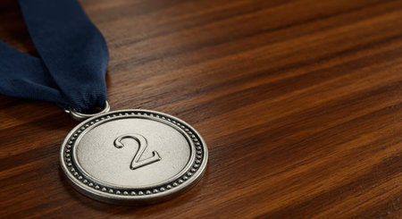 A close-up view of a detailed second-place medal with a blue ribbon lying on a rich brown wooden table, offering ample copy space for text.の素材