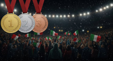 A jubilant audience waves national flags in a blurred background, celebrating an achievement under falling snow, with first, second, and third place medals prominently displayed.の素材