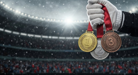 Three prestigious competition medals, including first, second, and third place, are held by a person in a white glove, illuminated by stadium lights with falling snow and a cheering crowd.の素材