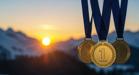 A close-up view reveals three first-place gold medals with blue ribbons, perfectly sharp in the foreground, contrasting with the soft focus of a majestic mountain range illuminated by a glowing.の素材
