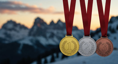Three shiny metallic medals for first, second, and third place are presented sharply in the foreground, set against the soft, warm glow of a mountain sunrise.の素材