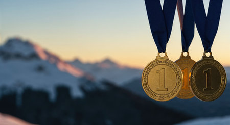 A close-up view of three shimmering golden champion medals, each bearing the number one, suspended against a breathtaking alpine vista during the early morning or late evening glow.の素材