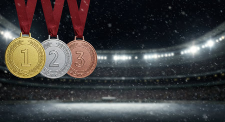 First, second, and third place medals, featuring gold, silver, and bronze finishes, are prominently displayed with red ribbons before a vibrant, snowy sports stadium at night.の素材