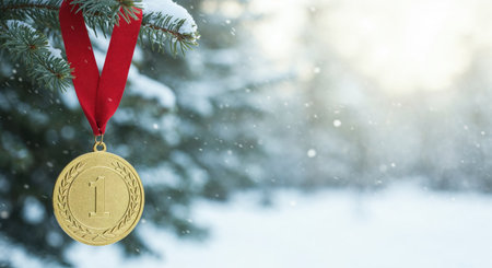 A close-up view of a first-place gold medal on a vibrant red ribbon, suspended from a snowy fir tree branch against a softly blurred, bright winter background with falling snowflakes.の素材