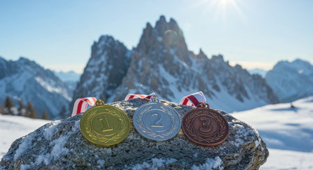A close-up view of three shiny competition medals, representing first, second, and third place, proudly displayed on a snow-covered stone with a brilliant sunburst over a vast winter mountain range.の素材