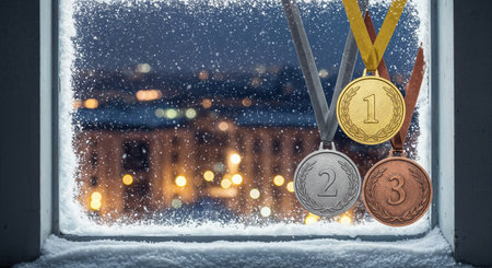 A close-up view captures the detailed textures of first, second, and third place medals suspended in front of a cold, icy window frame, showing a festive winter night scene.の素材