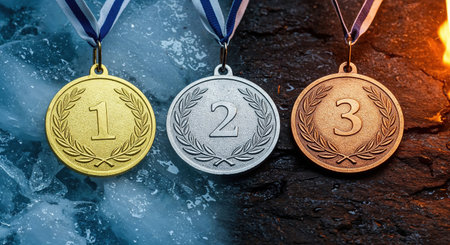 Three Olympic-style achievement medals, gold, silver, and bronze, lie side-by-side, dramatically lit with icy blue on the left and fiery orange on the right.の素材