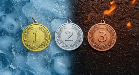 Three shiny award medals symbolizing first, second, and third place are arranged on a dramatic split background representing extreme elements of frozen ice and fiery heat.の素材