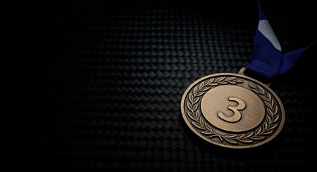 A third-place bronze medal with a classic laurel wreath motif is prominently displayed on a dark, woven carbon fiber-like surface, illuminated by a focused light, creating a strong sense of.の素材