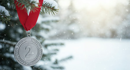 A detailed close-up shows a silver number two award medal on a bright red ribbon, hanging from a frosty pine branch in a serene winter landscape with gentle snowfall and warm lens flare.の素材