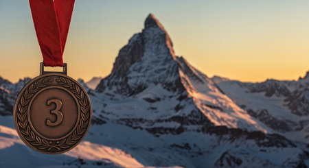 A close-up view of a third-place bronze medal with a red ribbon, sharply contrasting with the soft focus of a towering, sunlit snowy mountain range under a golden sky.の素材