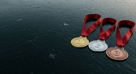 The first, second, and third place awards, featuring a rich gold, gleaming silver, and warm bronze finish, are neatly arranged on a deep, dark background.の素材