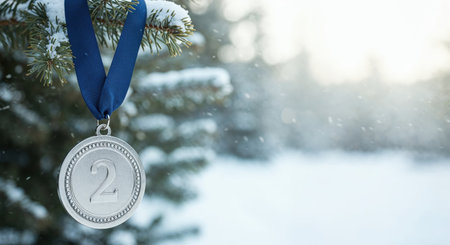 A close-up view of a shimmering silver medal with the number two, suspended by a dark blue ribbon against a softly blurred snowy forest background with falling snowflakes.の素材