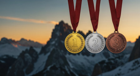 A close-up view of first, second, and third place medals with dark red ribbons suspended in front of majestic, rugged mountain peaks illuminated by a warm, glowing sunrise.の素材