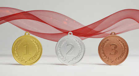 A studio setup showcases gold, silver, and bronze award medals for first, second, and third place, elegantly positioned with a dynamic red wave-like fabric flowing in the background.の素材