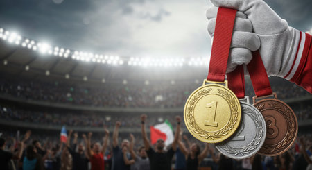 The close-up view features a hand in a white glove presenting three prestigious awards, a gold, silver, and bronze medal, against the exciting atmosphere of a blurred stadium crowd.の素材