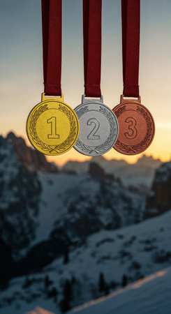 Prominently displayed gold, silver, and bronze medallions, indicating first, second, and third place, are set against a majestic, hazy mountain range under a warm sky.の素材