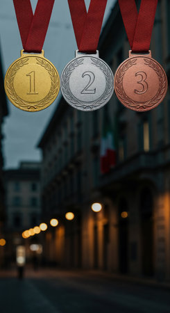 A close-up perspective showcases first, second, and third place awards featuring metallic finishes and laurel wreaths, suspended over a dark, out-of-focus urban setting with glowing streetlights.の素材