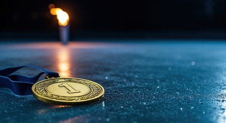 A brilliant gold medal displaying the number one and a laurel wreath design is placed on a textured, reflective dark ground, with an atmospheric blurred flame in the background.の素材