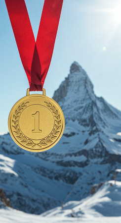 The symbol of ultimate achievement, a shiny gold medal, is suspended in front of a majestic, sunlit, snow-covered peak, representing triumph and overcoming challenges.の素材