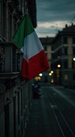 A vibrant green, white, and red Italian flag is draped from a historic building facade, contrasting with the dark, moody evening sky and a blurred city street below.の素材