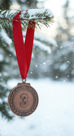 A close-up view of a third-place bronze medal with a red ribbon hanging on a snowy pine tree branch, set against a blurred background of a serene winter wonderland.の素材