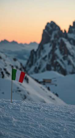 The tricolor Italian flag stands prominently in deep, textured snow, overlooking a majestic alpine panorama with distant peaks and a faint building under a colorful dawn or dusk.の素材