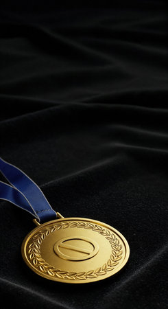 This elegant close-up showcases a shiny golden award medal with a blue strap, presented against a richly textured black fabric background with gentle folds.の素材