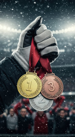 Three shiny gold, silver, and bronze medals with laurel wreaths and numbers one, two, and three are held by a gloved hand during a snowy night sports event, symbolizing triumph.の素材