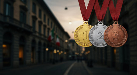 A close-up view highlights the detailed gold, silver, and bronze medallions, each featuring a laurel wreath design, prominently displayed over a softly focused urban background with historic.の素材