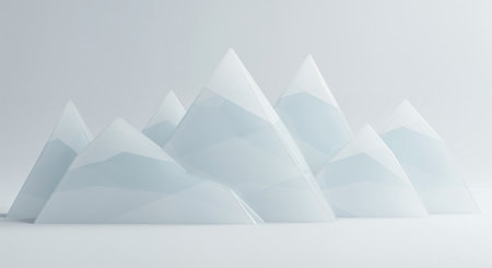The serene arrangement showcases multiple faceted, pyramid-like forms with subtle light reflections, casting soft shadows on a textured light white backdrop, emphasizing depth and modern design.の素材