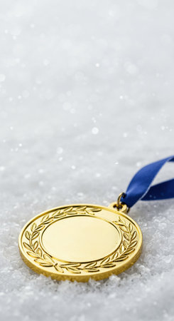 The gleaming gold medal, adorned with an elegant laurel wreath and a blank oval for engraving, is presented on a shimmering, snowy white ground with soft bokeh lights.の素材