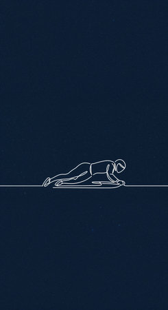 This graphic illustration features a stylized white continuous line drawing of an athlete in a helmet on a sled, set against a dark blue background with subtle texture and ample negative space.の素材