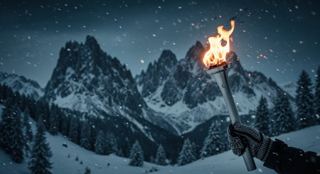 A close-up view reveals a hand in a textured knitted glove holding a silver torch with a vibrant orange flame, contrasted by majestic, snow-capped peaks and dark evergreen trees during a heavy.の素材