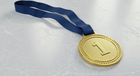 This first-place gold medal, featuring a vibrant blue ribbon, is displayed on a subtly scratched pale background, representing triumph, excellence, and achievement.の素材