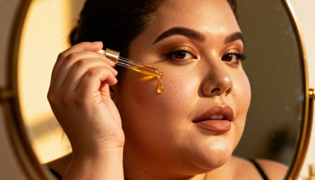 A radiant person with clear skin carefully applies a cosmetic oil with a pipette, observing the process in a decorative mirror, illuminated by soft, golden light creating a serene atmosphere.の素材