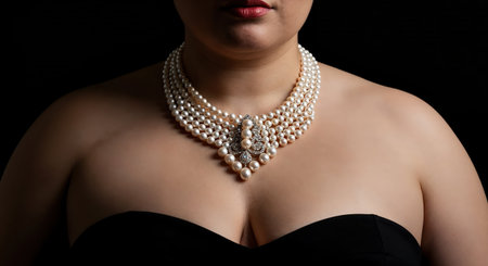 Close-up of a woman's bare shoulders and chest, showing a magnificent pearl and diamond necklace, exuding opulence and classic sophistication.の素材