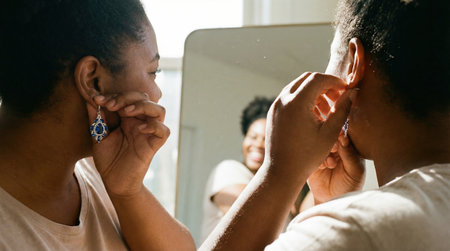 A close-up view captures an African American woman's hands adjusting a decorative blue earring, with her joyful reflection visible in the mirror behind her.の素材