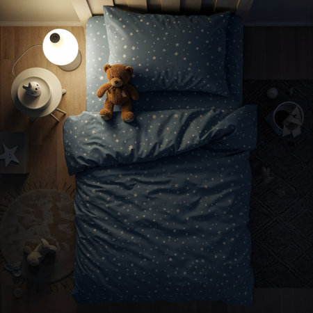 An overhead view captures a plush teddy bear resting on a neatly made bed featuring a navy duvet and pillow adorned with white stars, next to a glowing table lamp.の素材
