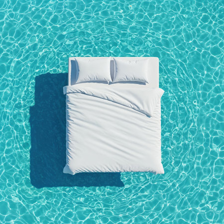 An overhead view reveals a luxurious white bed set, complete with soft pillows, resting serenely on a calm, crystal-clear turquoise body of water.の素材