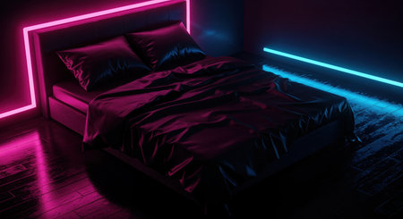 The dark bedroom interior features a neatly made bed with crumpled sheets, bathed in the striking glow of magenta and cyan neon lights reflecting on the dark wooden floor, offering a futuristic.の素材