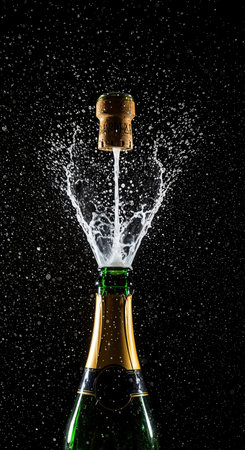 The exhilarating pop of a champagne cork captured in motion, with a vigorous stream of golden sparkling wine erupting from the bottle's neck, creating a dazzling splash and a cascade of droplets.の素材