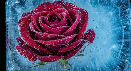 The deep crimson bloom of a beautiful rose is perfectly preserved in a shimmering ice cube, showing intricate textures and bright blue highlights against a dark background.の素材