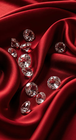 A sophisticated arrangement of brilliant cut gemstones is displayed on a sumptuous crimson satin cloth, highlighting the intricate folds and radiant reflections for a sense of grandeur.の素材